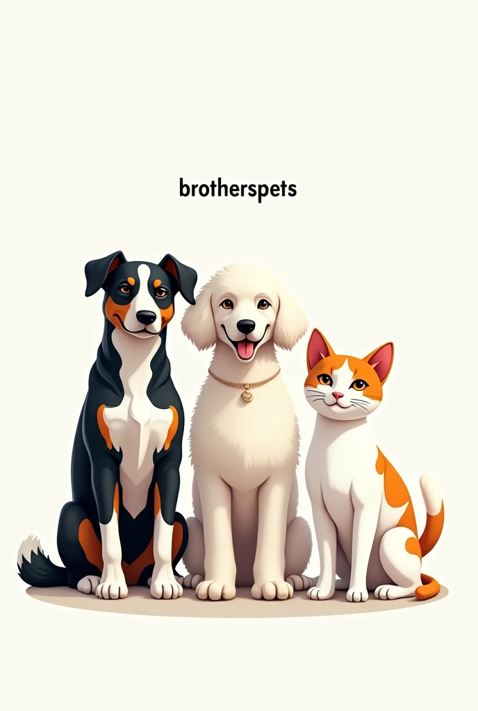 Create me a logo where there is a black and white border collie, a white poodle, and a white cat with orange spots, all standing next to each other. The name "brotherspets" should be included in the logo.