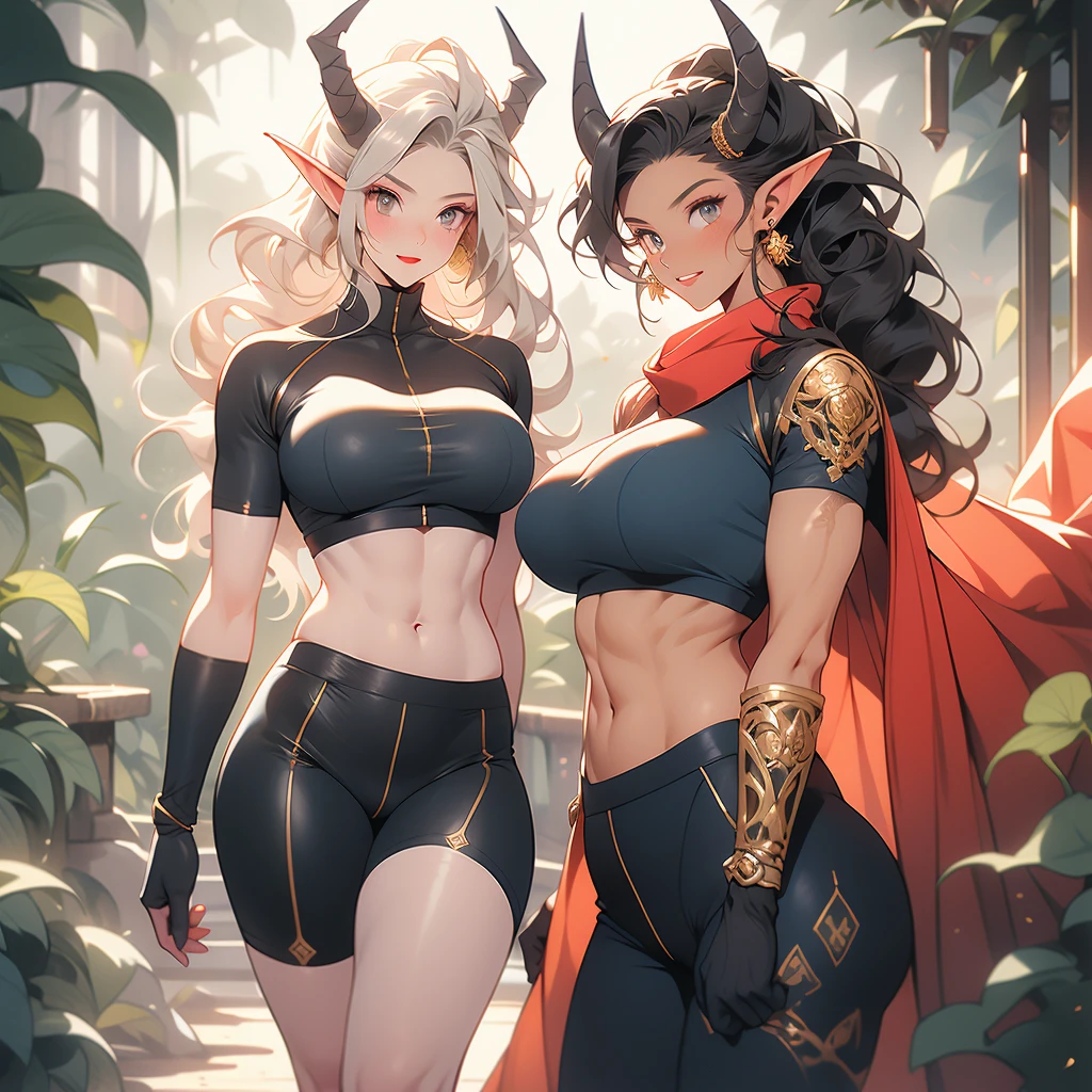 ((best quality)), (detailed), 1 women big pornstar dark barbarian armor, 8k_wallpaper, extremely detailed eyes, (large masterpiece digital art), (intricate details:1.3 ), (ultra-detailed:1.3), (sharp focus:1.3), (natural lighting:1.05), (vivid colors:1.3), (best quality:1.4), expressive eyes, full body, detailed face, beautiful face, perfect face, ((hair sandy white curls)), ((gold horns)), (gold eyes), {{dark skin}}, ({dark skinned female}), big breasts, huge chest, powerful relief muscles of the abdomen and legs, powerful strong muscles of the arms, belly piercing with blue emeralds, cruel predatory and cold-blooded arrogant look and smile, an open red coat with rolled up sleeves, a translucent blue crop top very clear outlines of huge pointed nipples with large piercings under the fabric, steel combat pauldrons, steel bracers and leather gloves, leather shorts under which I can see the clear outlines of a big vagina, walks along the path against the backdrop of a ruined elf village and flowering vines and wild forests, style fantasy and adventure world,