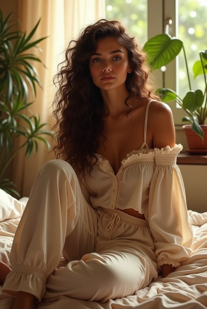 (photorealism:1.2), beautiful woman, sitting on bed, wearing loose off-shoulder top, pajama pants, long curly hair, indoors, soft lighting, plants in background, window with sunlight, cozy room, relaxed pose, realistic, intricate details, warm colors, by Greg Rutkowski, by Alphonse Mucha