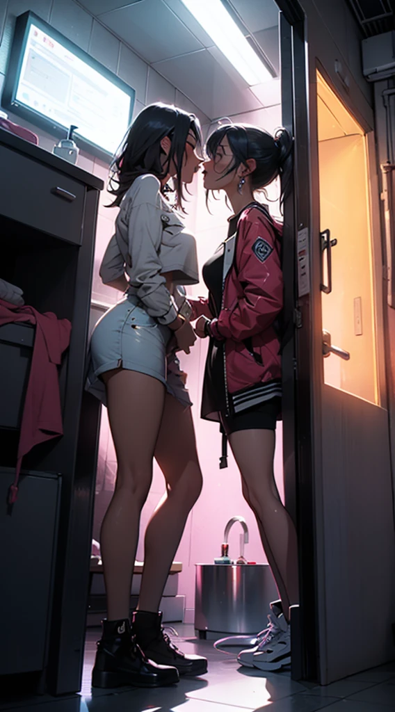 Two women aggressively making out in a bathroom, neon lights, locked bathroom door, enjoying each other