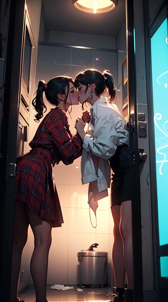 Two women aggressively making out in a bathroom, neon lights, locked bathroom door, enjoying each other