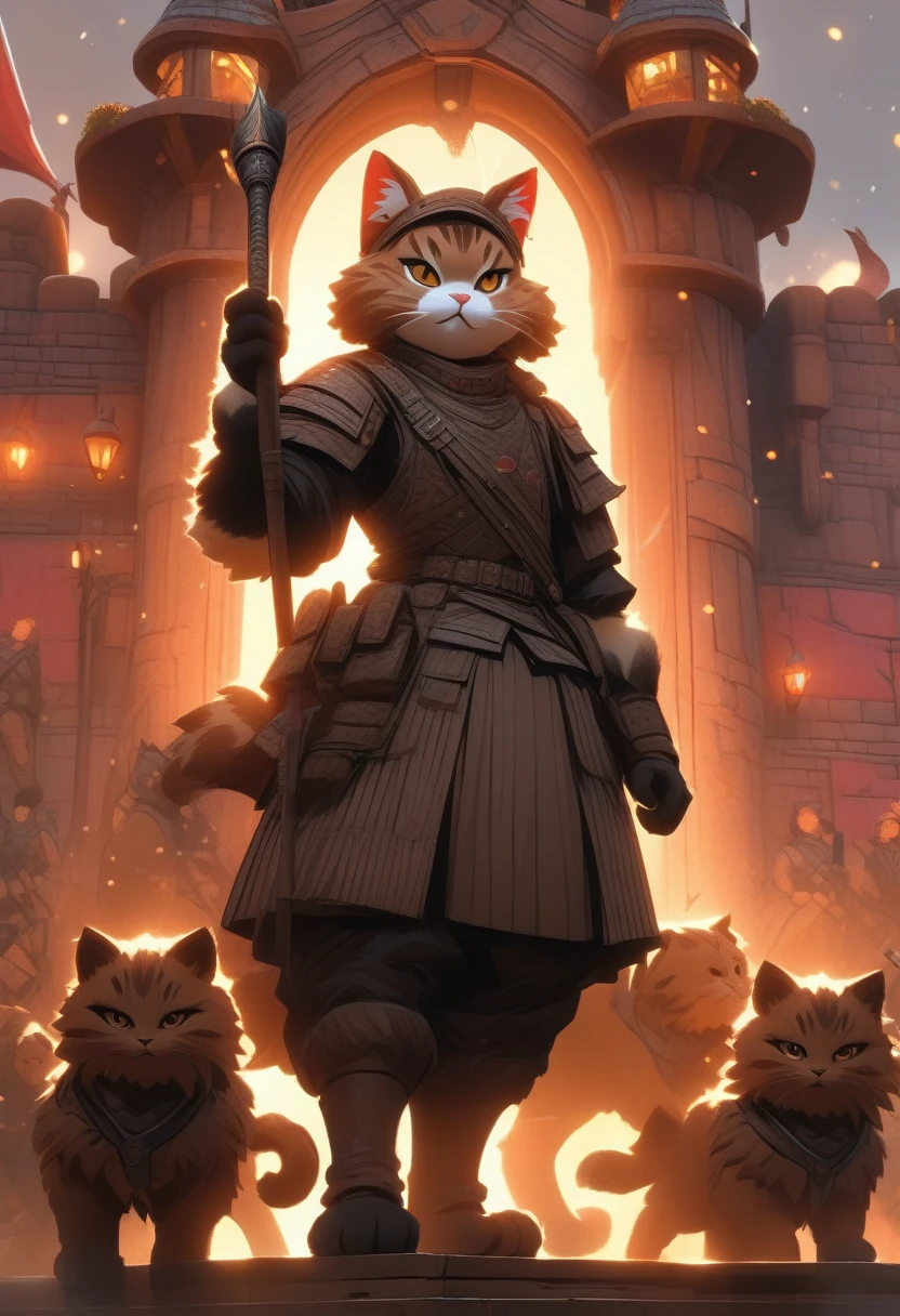 ((Masterpiece)), ((Best Quality)), (Very Detailed), ((Very Detailed)), 4K, (8K), very aesthetic, absurdres highres, 1 woman, (anthropomorphic cat, furry, kemono:1.5), A huge barista stands in front of the castle wall, illuminated by warm red and brown light. Soldiers load arrows and the tension of the battlefield is palpable. The textures of wood and iron are realistically depicted, and the barista has elaborate decorations and carvings. The soldiers' faces show determination, and other weapons and defensive equipment can be seen in the background. A scene with historical weight.

