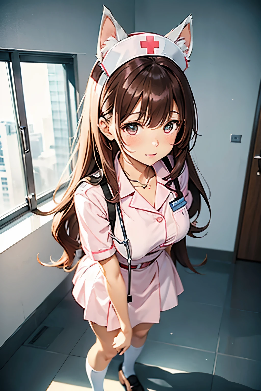 A beautiful woman with cat ears wearing a nurse's uniform, kawaii. She has long pink-brown hair with beast ears. 2.5d Anime, Standing pose Full body style Correct expression, accurate expression. She is in a hospital. Stunning beauty, well-defined face. A slightly embarrassed expression. Anime Art.  Clear, perfect nurse uniform. Small breasts, not emphasizing the chest. Nurse with animal ears. The skirt of the nurse uniform is short.