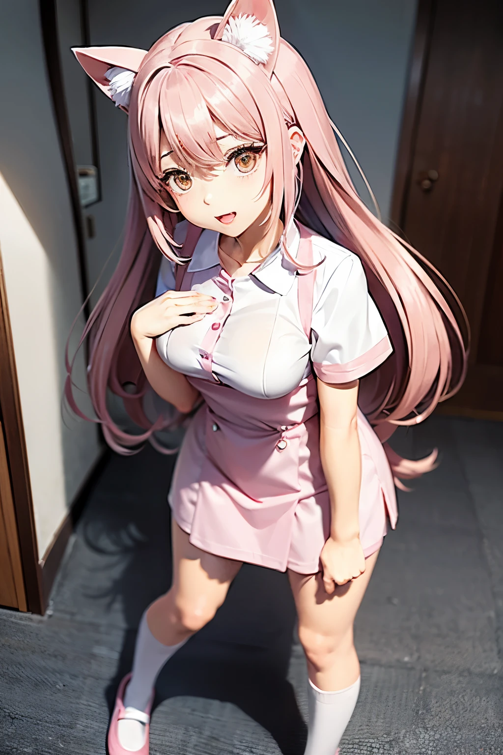 A beautiful woman with cat ears wearing a nurse's uniform, kawaii. She has long pink-brown hair with beast ears. 2.5d Anime, Standing pose Full body style Correct expression, accurate expression. She is in a hospital. Stunning beauty, well-defined face. A slightly embarrassed expression. Anime Art.  Clear, perfect nurse uniform. Small breasts, not emphasizing the chest. Nurse with animal ears. The skirt of the nurse uniform is short.