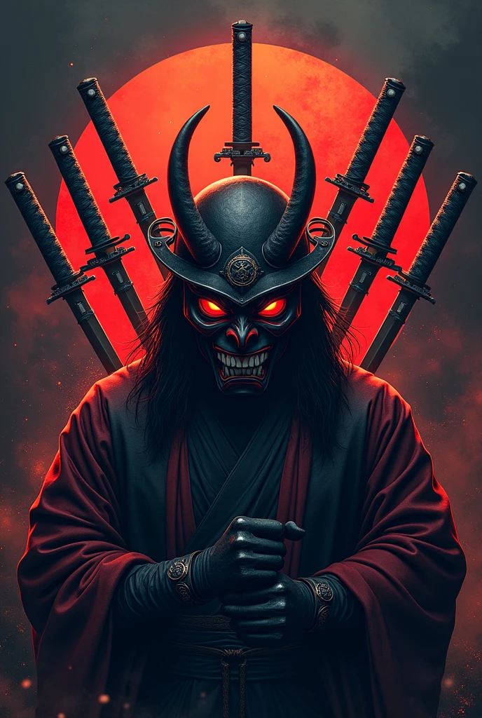 Create a circle of swords with an oni mask in the center for a clothing brand.