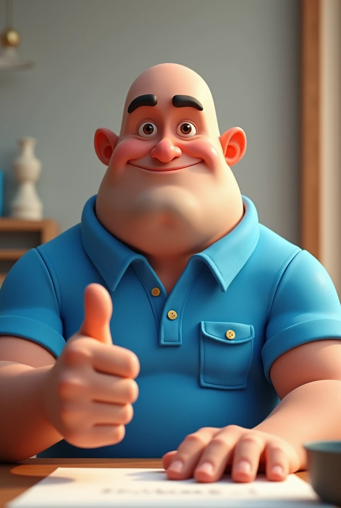 Cartoon character of a bald man in blue shirt, a little strong animated character, Stylized Character, animation style rendering, stylized 3D, Arnold Maya Rendering, Stylized 3D Rendering, toon rendering screenshot, 3D Character , 3D Character, Stylized 3D Rendering, 3D Character Rendering, Cartoon Character, Closeup Character, Character Pose, (Pixar Style) (Master Part:1.2) (Bokeh) (Best Quality) (Detailed Skin) (Texture detailed) (8K) (clay) (cinematic lighting) (sharp focus，Sits and draws the upper part of the body, he is giving the thumbs up sign with the hand where his thumb is pointing up