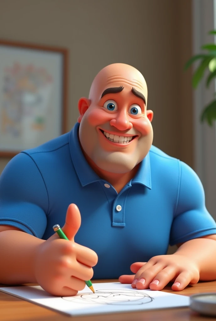 Cartoon character of a bald man in blue shirt, a little strong animated character, Stylized Character, animation style rendering, stylized 3D, Arnold Maya Rendering, Stylized 3D Rendering, toon rendering screenshot, 3D Character , 3D Character, Stylized 3D Rendering, 3D Character Rendering, Cartoon Character, Closeup Character, Character Pose, (Pixar Style) (Master Part:1.2) (Bokeh) (Best Quality) (Detailed Skin) (Texture detailed) (8K) (clay) (cinematic lighting) (sharp focus,Sits and draws the upper part of the body, he is giving the thumbs up sign with the hand where his thumb is pointing up