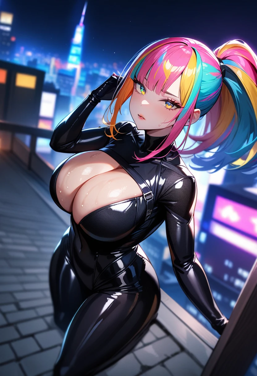 1girls,solo,super detailed skin,shiny skin,wet oily skin,expressionless, detailed eyes,half open eyes,eyelashes,lips gloss,(rainbow colored hair:1.3),straight hair,ponytail,hime cut,,large breasts,beautiful shaped breasts,full body suit,Leather body suit,ninja clothes ,night city,rooftop,,model pose,masterpiece,best quality,ultra detailed,high resolution,sharp focus,depth of field