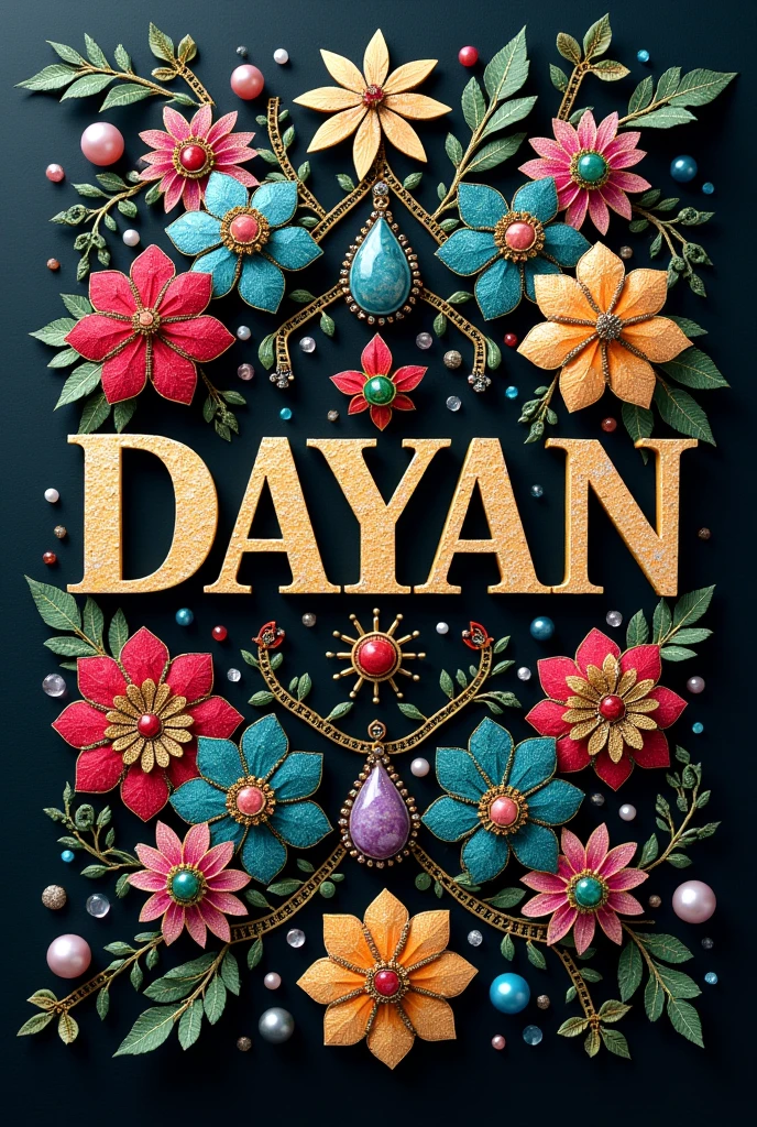 (L’image montre le nom “Dayan” écrit en grandes lettres majuscules dans un style orné et luxueux. Les lettres sont décorées de diverses pierres précieuses multicolores, donnant un effet mosaïque. Autour du nom, il y a des motifs floraux complexes et symétriques, également ornés de bijoux et de perles de différentes couleurs et tailles. Le fond est sombre, ce qui fait ressortir les couleurs vives des pierres et des motifs. L’ensemble de l’image dégage une sensation de richesse, de grandeur et de détail artistique.