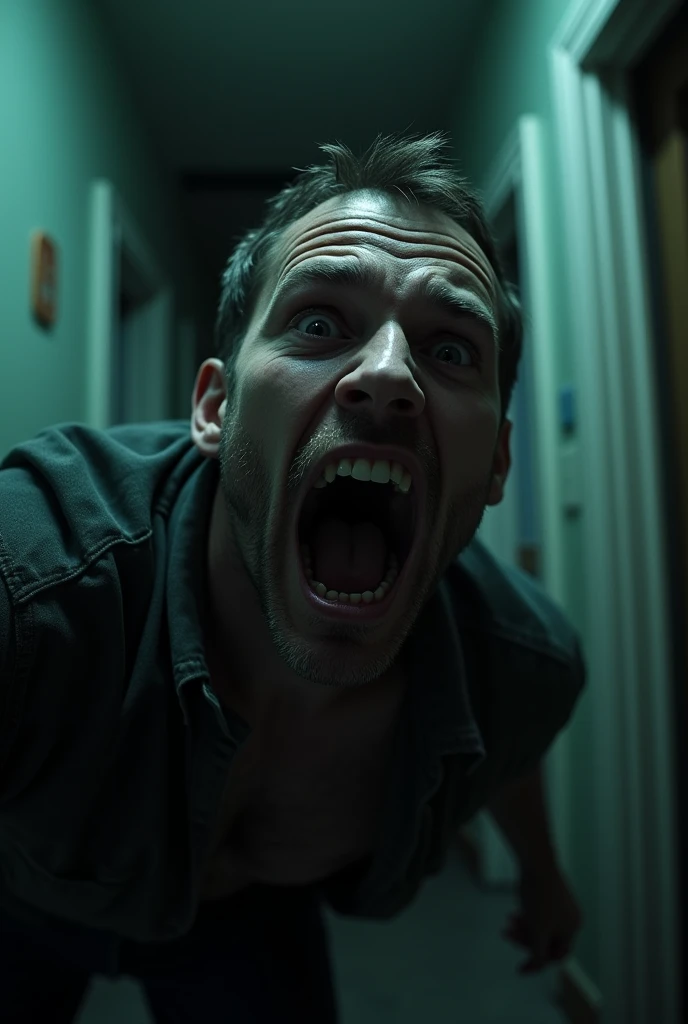 close up of a scared white man running in a hallway, nightmare