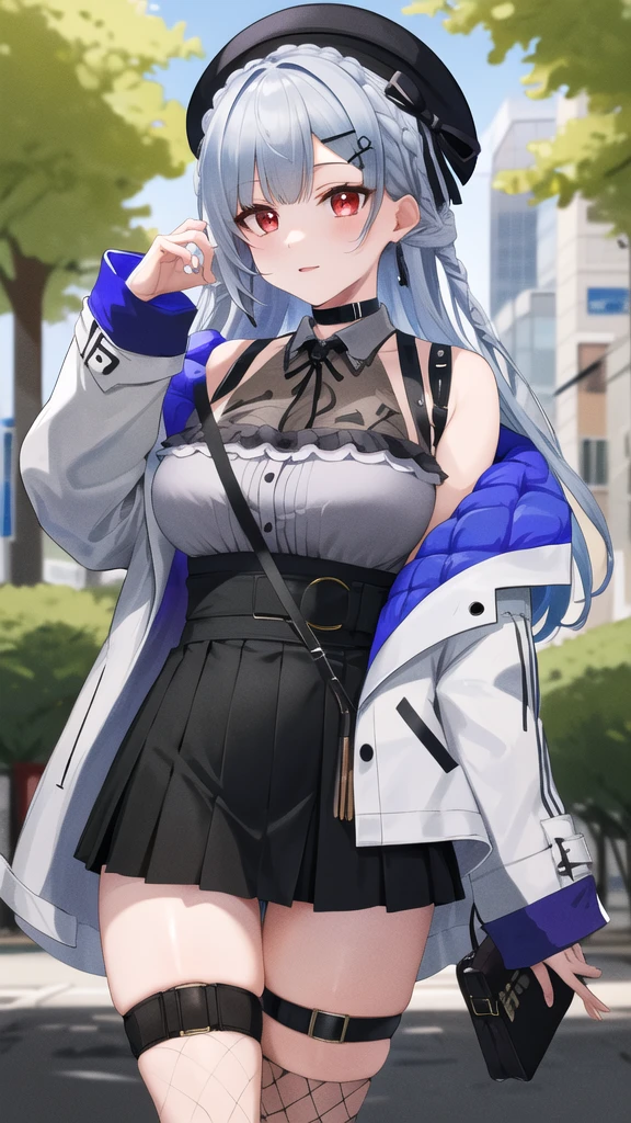 masterpiece, best quality, highres, hmhy1, hat, beret, braid, hairclip, large breasts, black choker, grey shirt, sleeveless shirt, white jacket, open jacket, long sleeves, black skirt, fishnets, thigh strap, single thighhigh, standing, cowboy shot, outdoors
