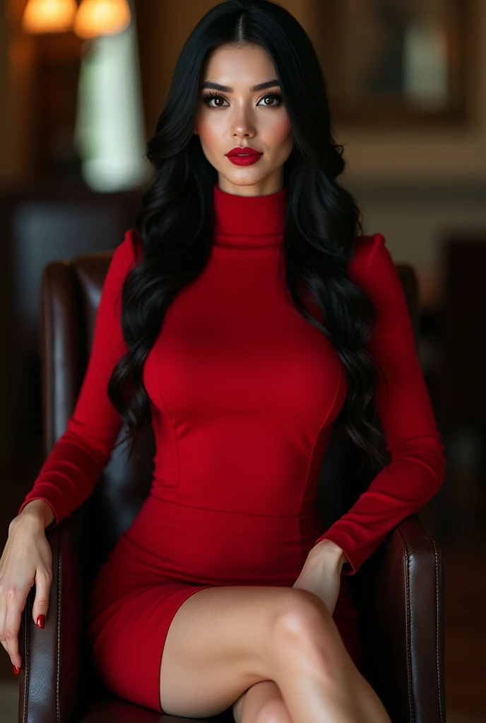 ultra realistic, photography, long black straight hair, girl, 30 years old, hourglass figure, perfect fit body, natural big breasts, seductive look, facing the camera, masterpiece, super detailed, detailed face, beautiful eyes, detailed eyeshadow, lip details, red lipstick, full body, wavy hair, Wearing a red sheath dress, turtleneck, revealing legs, sexy legs, great cleavage, she is wearing black elegant high heels, she is a femme fatale, sitting on a chair, her legs crossed, full body shot, wide angle, zoomed out,