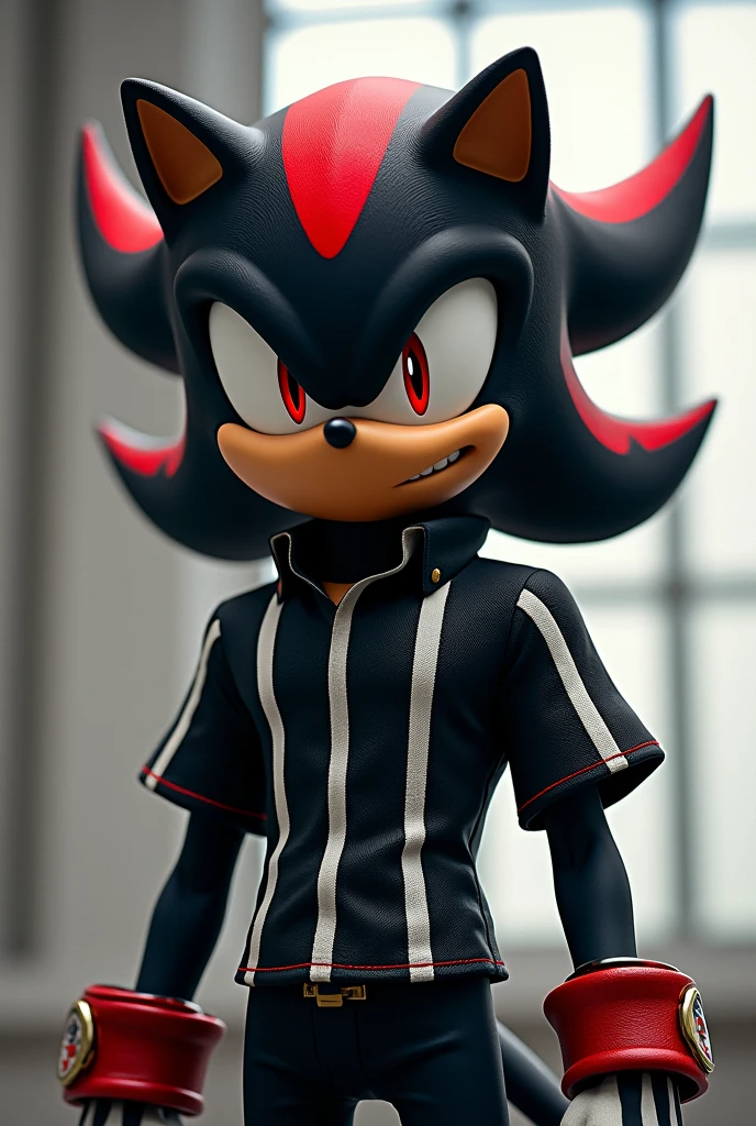 Shadow the Hedgehog wearing a shirt with vertical black and white stripes
