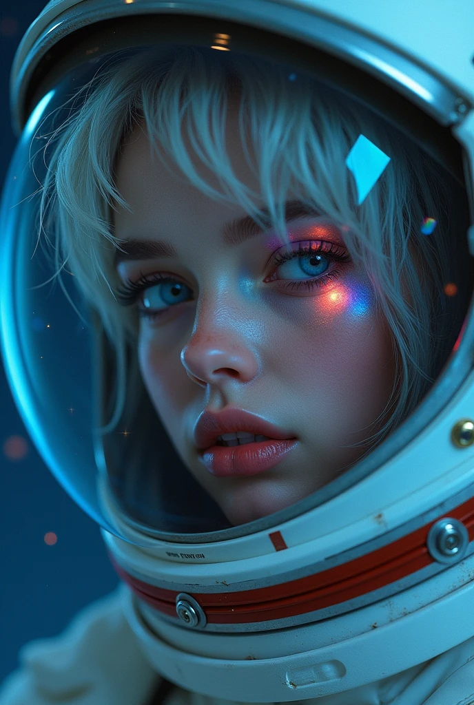 (Close-up of a better masterpiece:1.5)0.9], (Space and astronauts:1.2) (Messy silver hair:1.1) (Heterochromia xanthochromia and blue eyes:1.2) (Space Helmet:1.0) (Colored stars in the eyes:1.0) (A radiant glow:1.1) (thick lips:0.9)