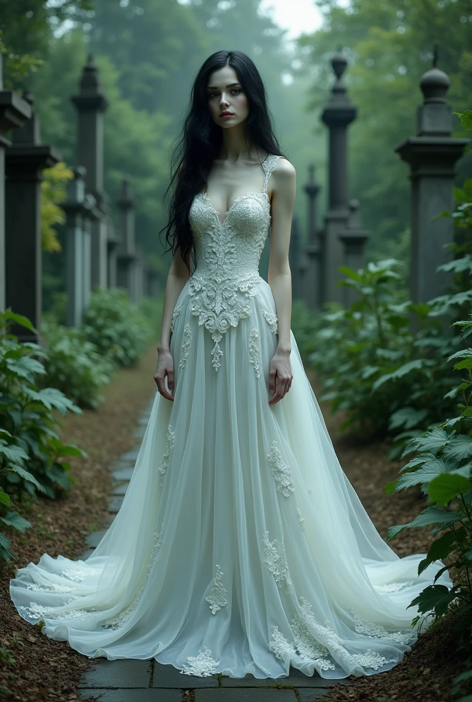 Imagine a pale-skinned, black-haired vampire in a beautifully detailed white Victorian wedding dress in a cemetery with lots of plants in great lighting.