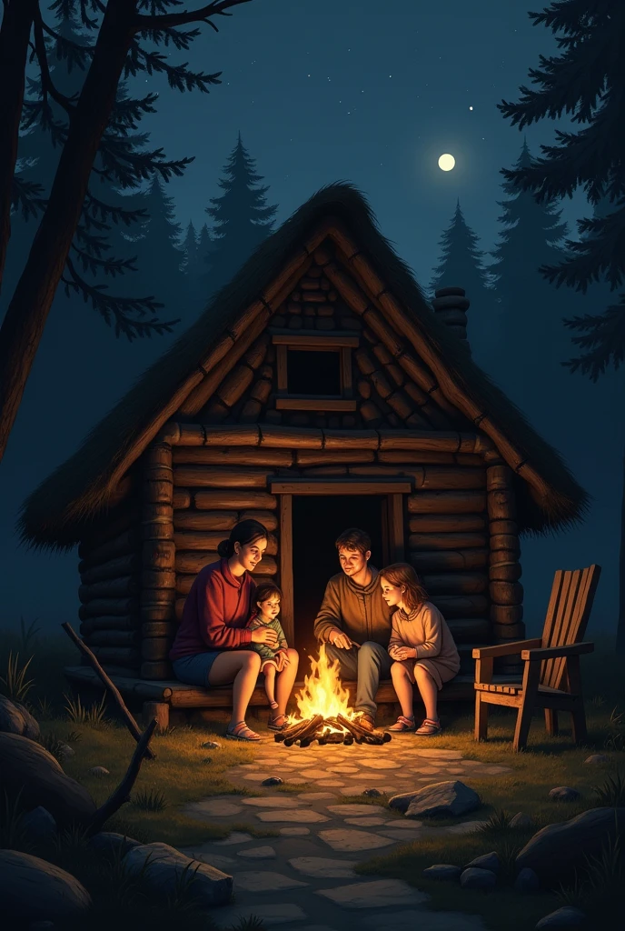 Family in a feudal cabin at night