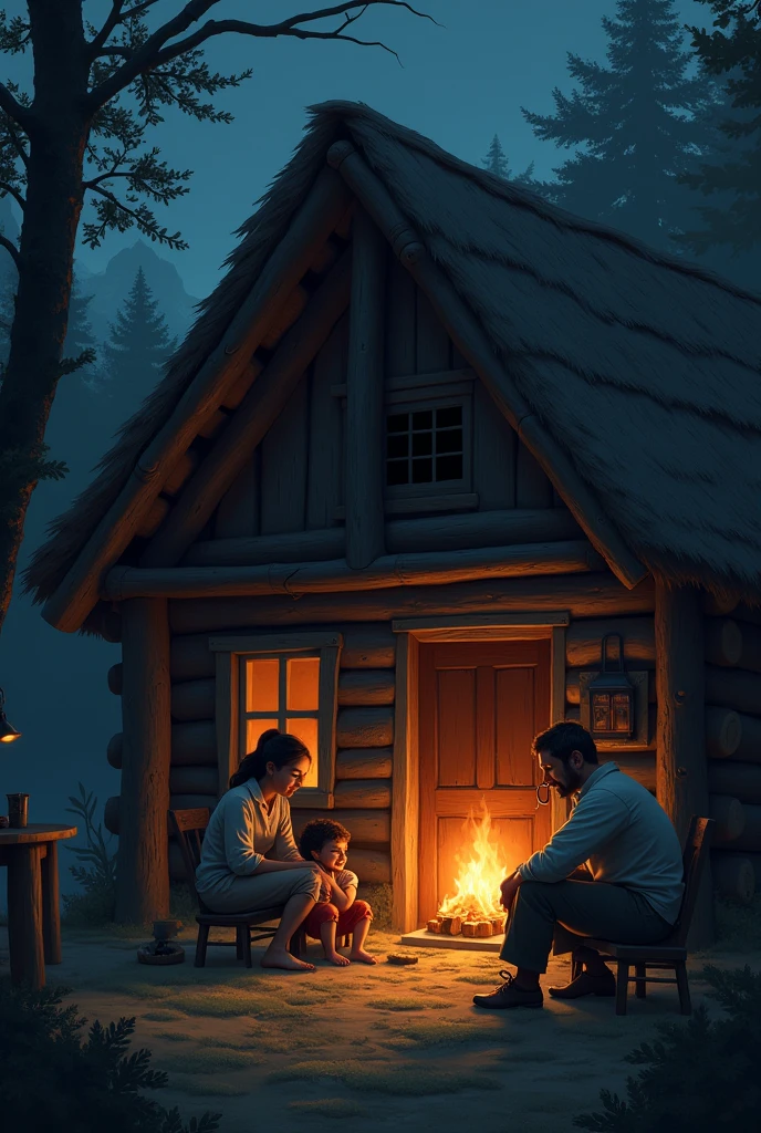 Family in a feudal cabin at night