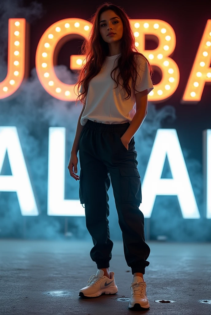Create a breathtaking, high-quality photo featuring a Turkish girl with long brown hair sitting above your TUGBA. She exudes casual yet chic elegance with a t-shirt top, tactical trousers and white Nike sneakers. The woman stands over the PSD text "
TUGBA KALAN" illuminated by vibrant white and black lights. A subtle smoke effect increases the depth and dimension of the image, creating a unique and fascinating atmosphere.