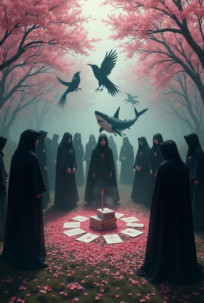 I need a cult making a sacrifice of a deck of cards against humanity in the middle of a woods of cherry blossoms with a shark and a crow fighting. with the phrase"Family Against Humanity" at the bottom