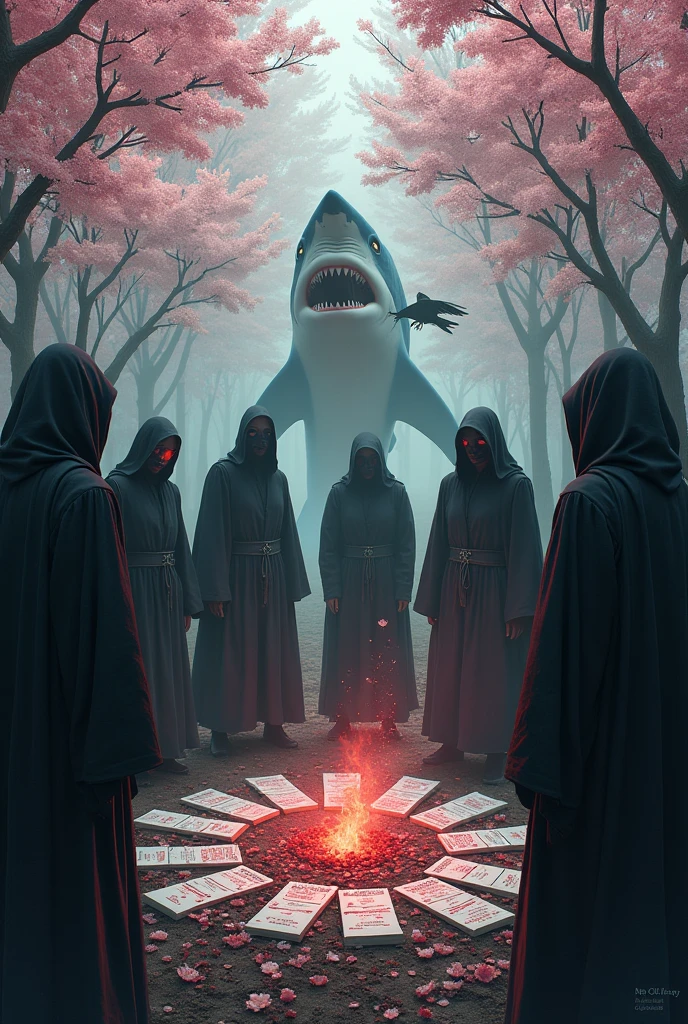 I need a cult making a sacrifice of a deck of cards against humanity in the middle of a woods of cherry blossoms with a shark and a crow fighting. with the phrase"Family Against Humanity" at the bottom