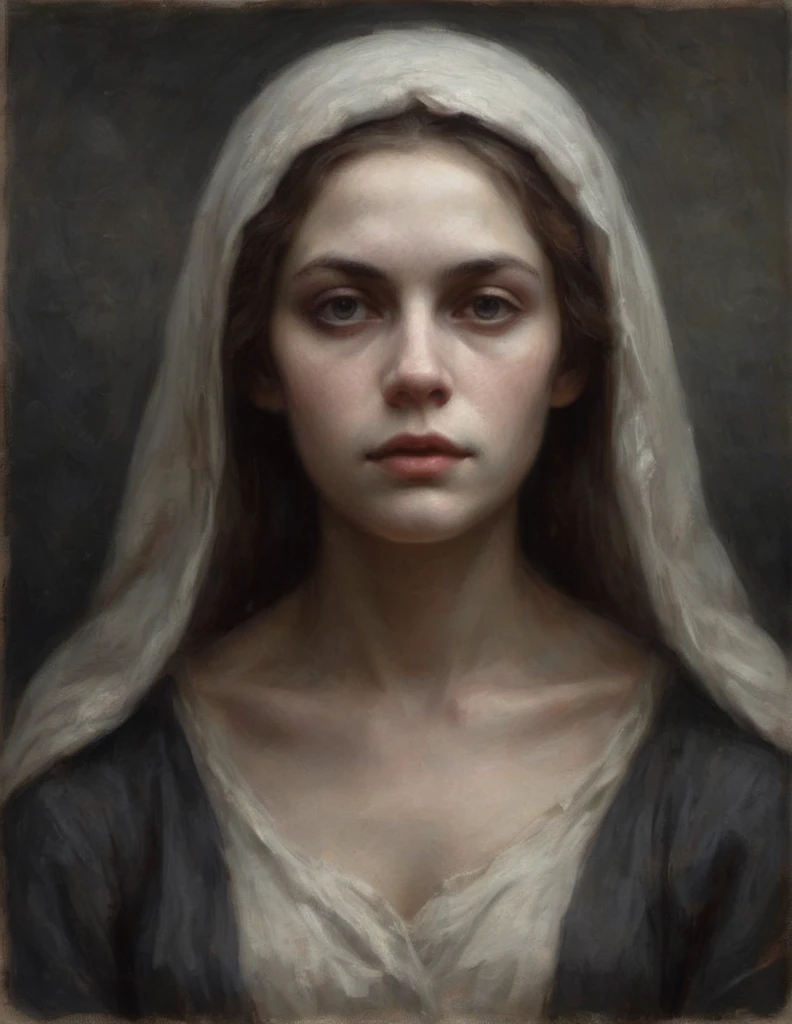 Depict a mysterious figure known as 'Carente,' whose appearance varies according to different descriptions. In one version, she appears as a pale woman with hollow, empty eyes and a melancholic expression, her face devoid of emotion yet deeply sorrowful. In another, she is a formless, indistinct shadow, cold and unsettling, blending into the darkness around her. The only constant in both forms is the overwhelming sense of emptiness and sadness that envelops her presence. The background should be dark and eerie, enhancing the feeling of despair and loneliness that Carente brings
