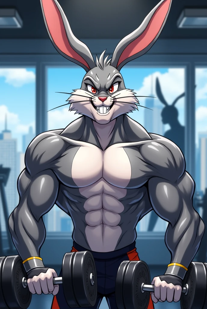gloves, male, Alone, Bugs Bunny, rabbit, dientes de rabbit, gym, Long ears, gray body, gray fur, White skin,furry,anime style, realist anime, 2022s_\(style\), smile, city, Upper part of the body, without clothes on the upper body, dumbbells, muscles, muscular, effort, sweaty, Exercise