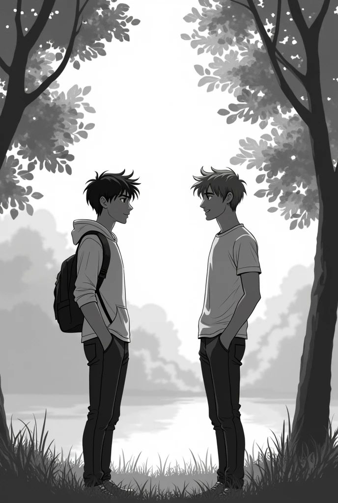 Create a black and white image of two young men, both male, conversing in a park. Each character should have a different speech bubble.