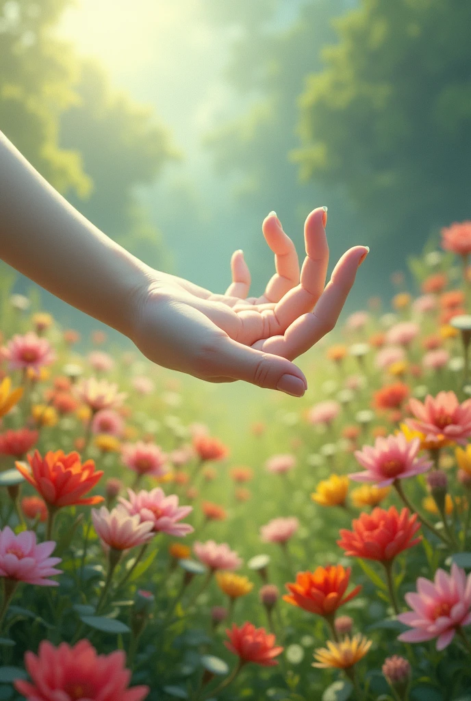 A white female hand over beautiful flowers landscape