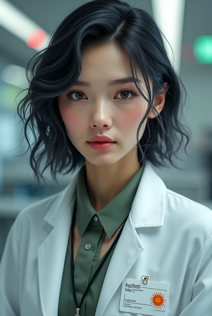 Make a scientist with black hair and gray parts, with an ID that says Rachel star
