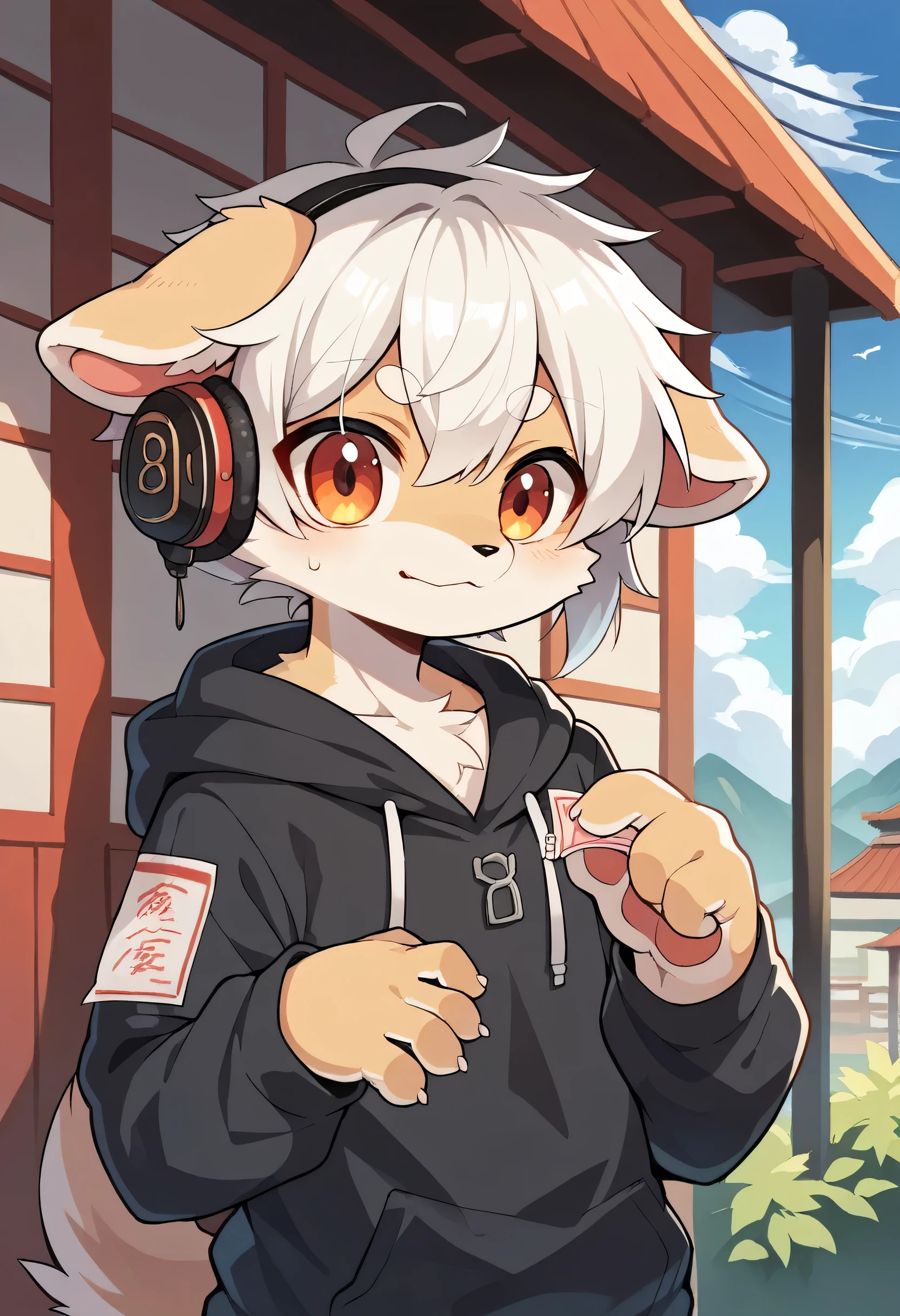 (Shikoku Inu,fur, white hair,), (Features of school hoodie clothes)dog, Dropped ears夏,Dropped ears, Dropped ears, Furry, detailed, A lively 15-year-old boy, Characteristics of Japanese Station, Ticket gate,I have headphones on my ears
