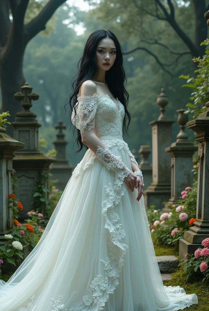 Imagine a pale-skinned, black-haired vampire in a beautifully detailed white Victorian wedding dress in a cemetery with lots of plants in great lighting.