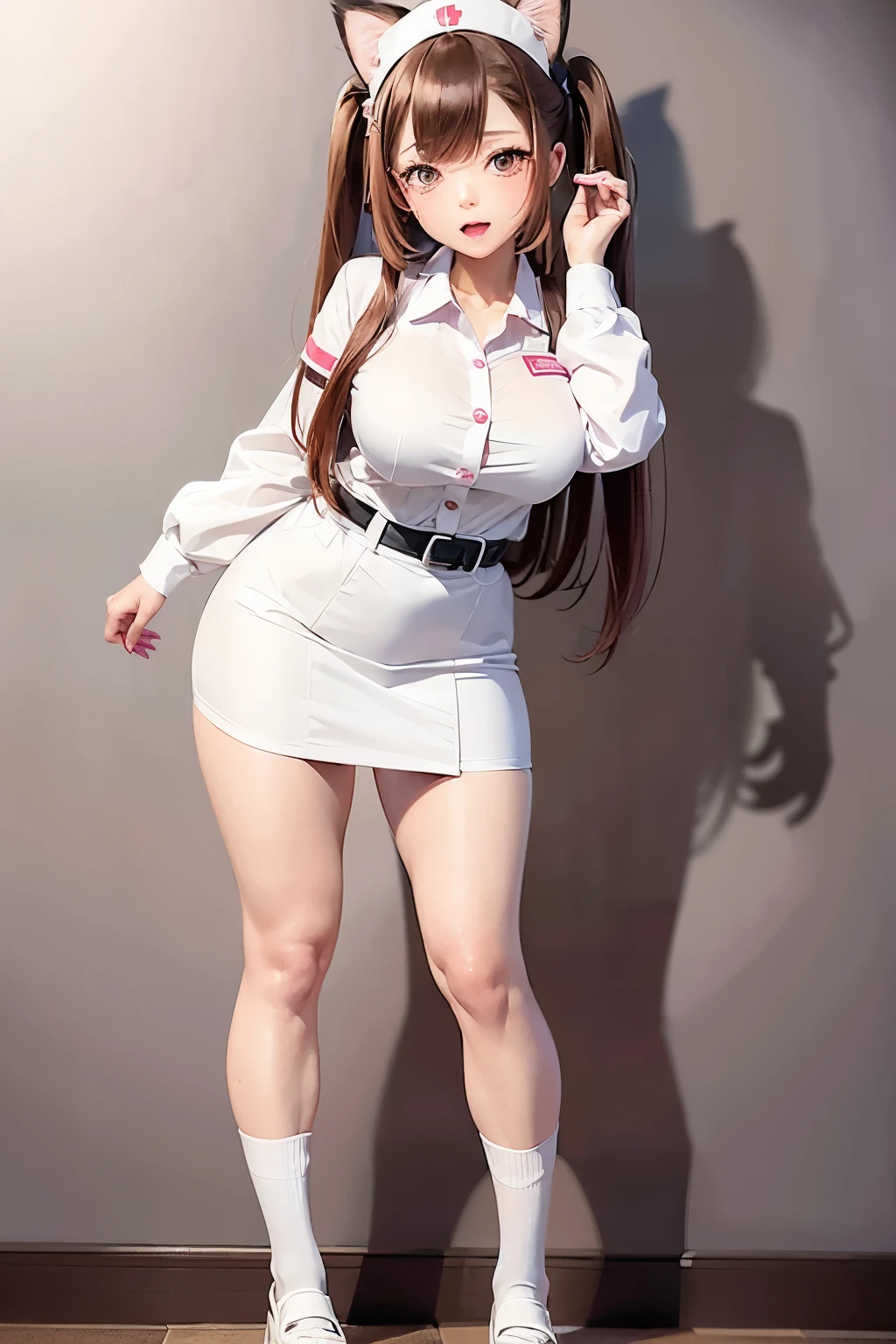 A beautiful woman with cat ears wearing a nurse's uniform, kawaii. She has long pink-brown hair with beast ears. 2.5d Anime, Standing pose Full body style Correct expression, accurate expression. She is in a hospital. Stunning beauty, well-defined face. A slightly embarrassed expression. Anime Art.  Clear, perfect nurse uniform 