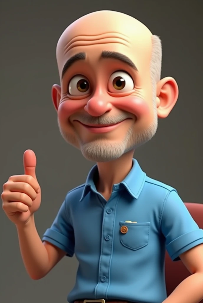Cartoon character of a bald man with blue shirt, an animated character, Stylized character, animation style rendering, 3D stylized, Arnold Maya rendering, Stylized 3D rendering, toon render screenshot, 3D Character, 3D Character , Stylized 3D Rendering, 3D Character Rendering, Cartoon Character, Closeup Character, Character Pose, (Pixar Style) (Master Part:1.2) (Bokeh) (Best Quality) (Detailed Skin) (Detailed Texture) ( 8K) (clay) (cinematic lighting) (sharp focus,Sits and casts his upper body, he is giving the thumbs up with his hand where his thumb is pointing up