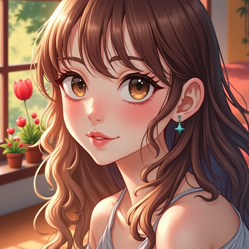 (photorealism:1.2), beautiful woman, sitting on bed, wearing loose off-shoulder top, pajama pants, long curly hair, indoors, soft lighting, plants in background, window with sunlight, cozy room, relaxed pose, realistic, intricate details, warm colors, by Greg Rutkowski, by Alphonse Mucha
