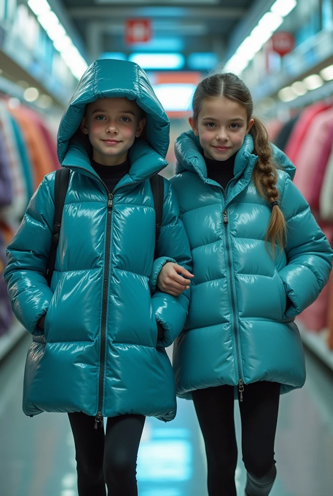  a slim ponytail  girl and her bestie walking in a pufferstore,beautiful detailed eyes,beautiful freckles,beautiful detailed lips,extremely detailed eyes and face,longeyelashes, wearing beautiful detailed full length skintight airtight hood covering her head formfitting duvetica overfilled shiny super gleamy super thick glossy cyan puffer vest covering over her  super padded  high-collared transparent pufferjacket, shiny latex  leggings,symmetrical,masterpiece,cinematic,lifelike,hyperrealistic,8k,photorealistic,highly detailed,intricate,exquisite,elegant,beautiful,stunning