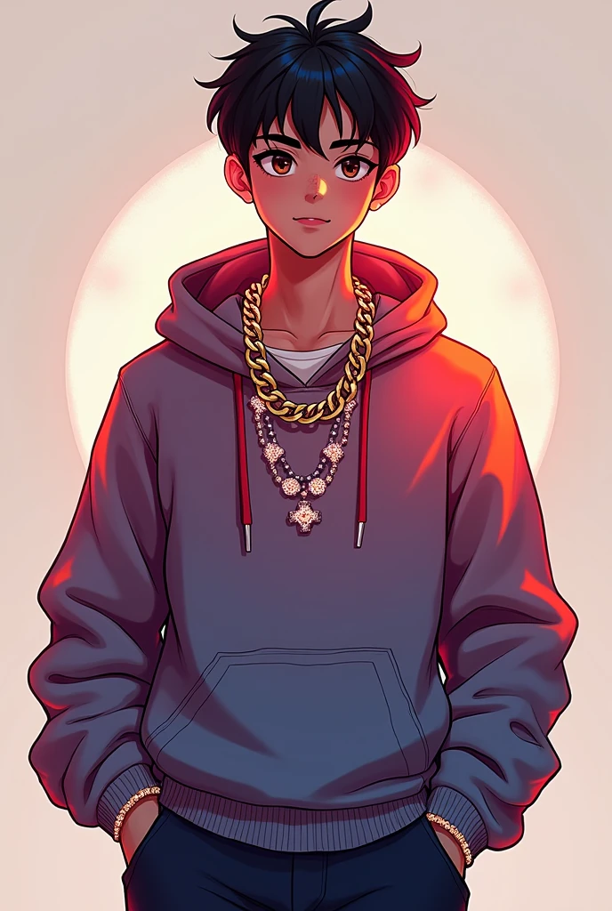 2d illustration of a young man with very short black hair, pronounced eyebrows, expressive brown eyes and a sincere and flirtatious smile. Dressed in a loose hoodie, with diamond chains around the neck and sports pants