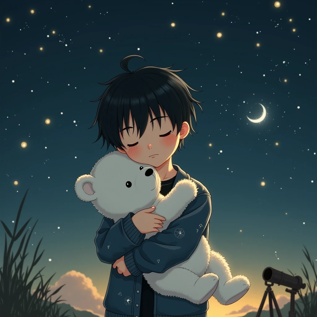 Create a photo of a boy, the boy has black hair and pale skin, The boy is passionate about astronomy and dreams of the stars,the boy holds his white teddy bear close to him
