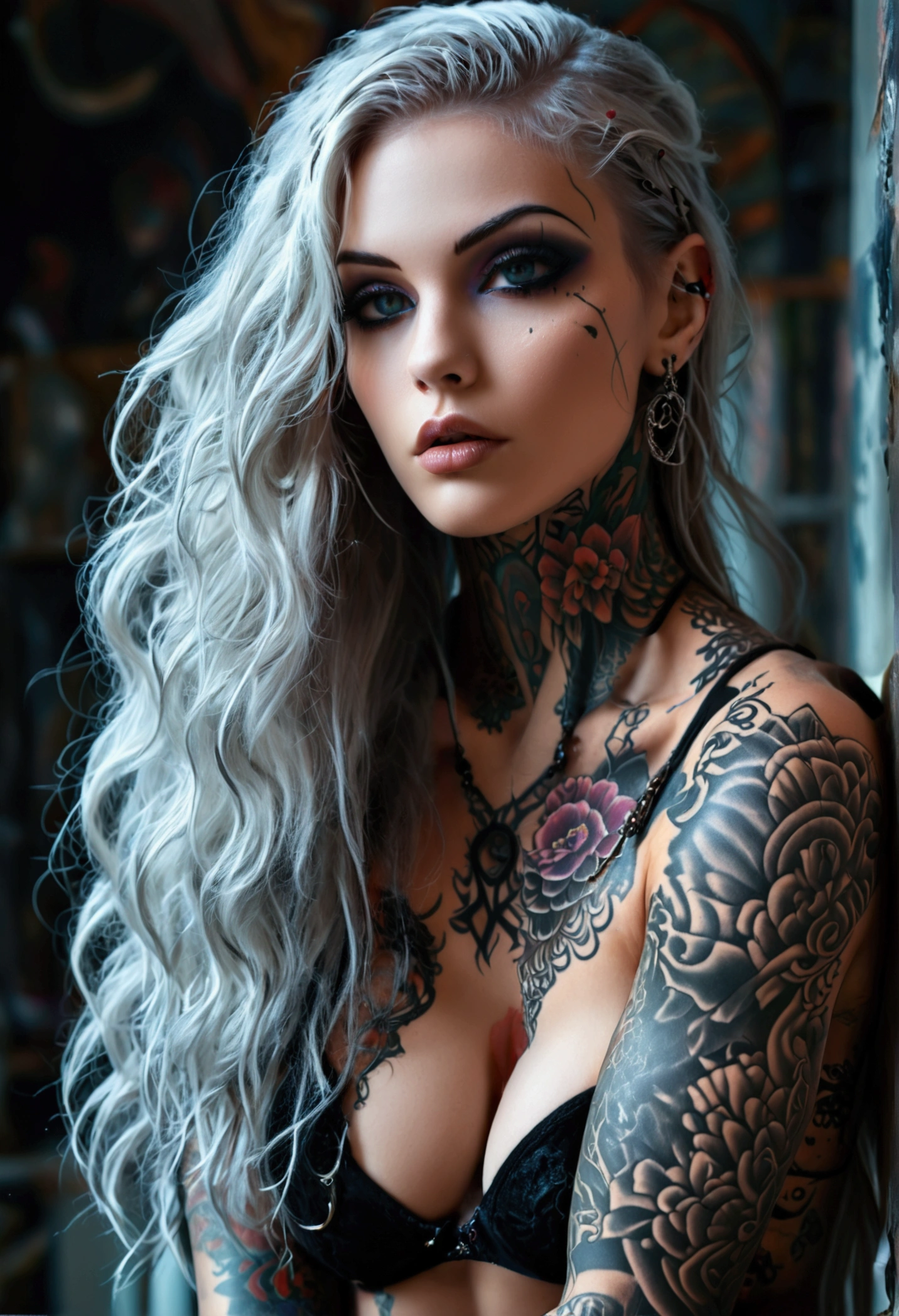 Create a hyper detailed photograph of a tattooed muscular young sexy goth, Stunningly perfect gorgeous feminine face, perfect makeup, detailed vibrant eyes, long flowing hair, big beautiful muscular legs, big beautiful muscular arms, perfect hour glass body figure, detailed smooth skin, large breast, perfect round ass, complete full body view,