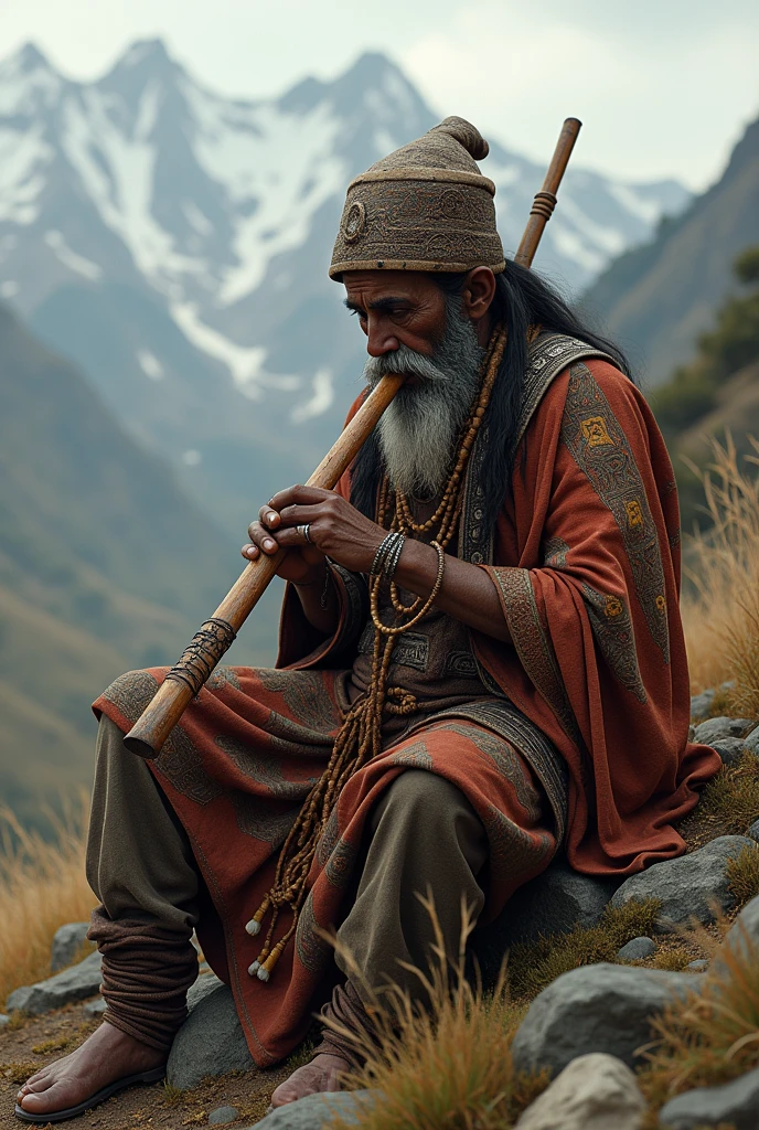 Viracocha sits sadly, remembering his beloved while playing his quena.