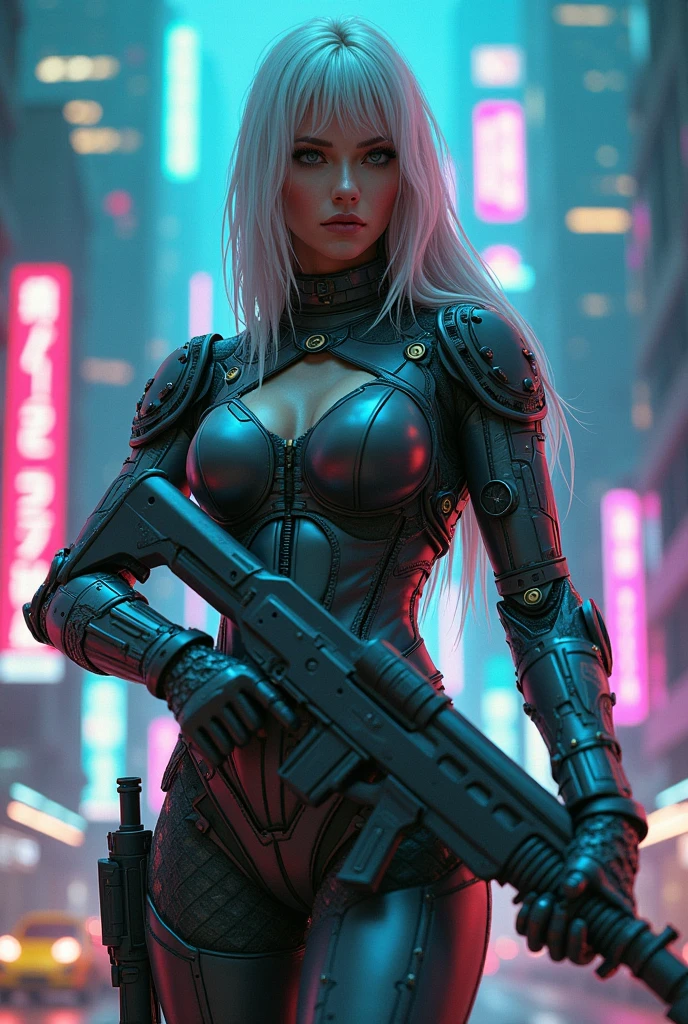 (Huge Weapons), cyber punk, Neon color, Mechanical Armor, Future, cool, Cyber Woman