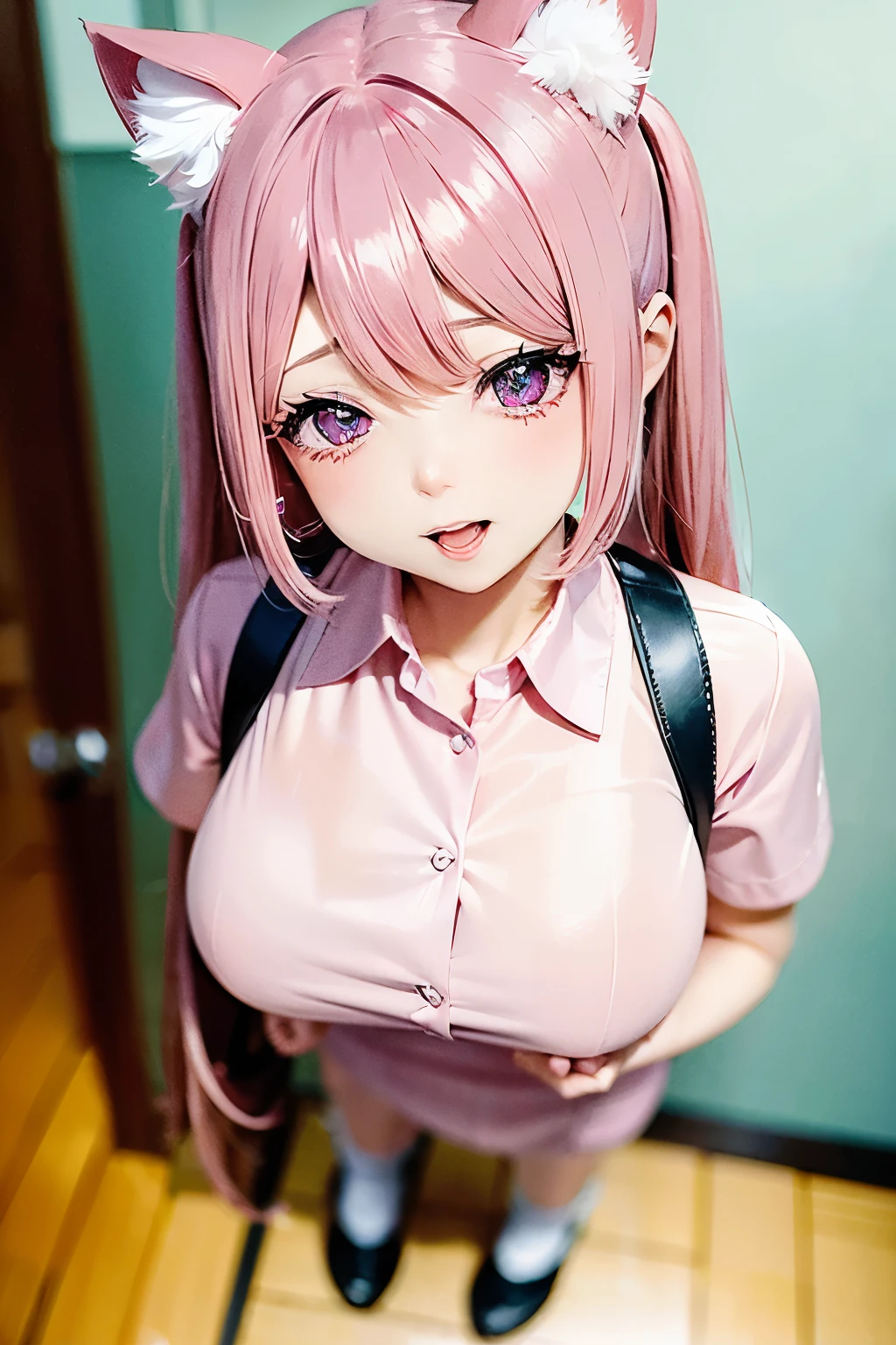 A beautiful woman with cat ears wearing a nurse's uniform, kawaii. She has long pink-brown hair with beast ears. 2.5d Anime, Standing pose Full body style Correct expression, accurate expression. She is in a hospital. Stunning beauty, well-defined face. A slightly embarrassed expression. Anime Art.