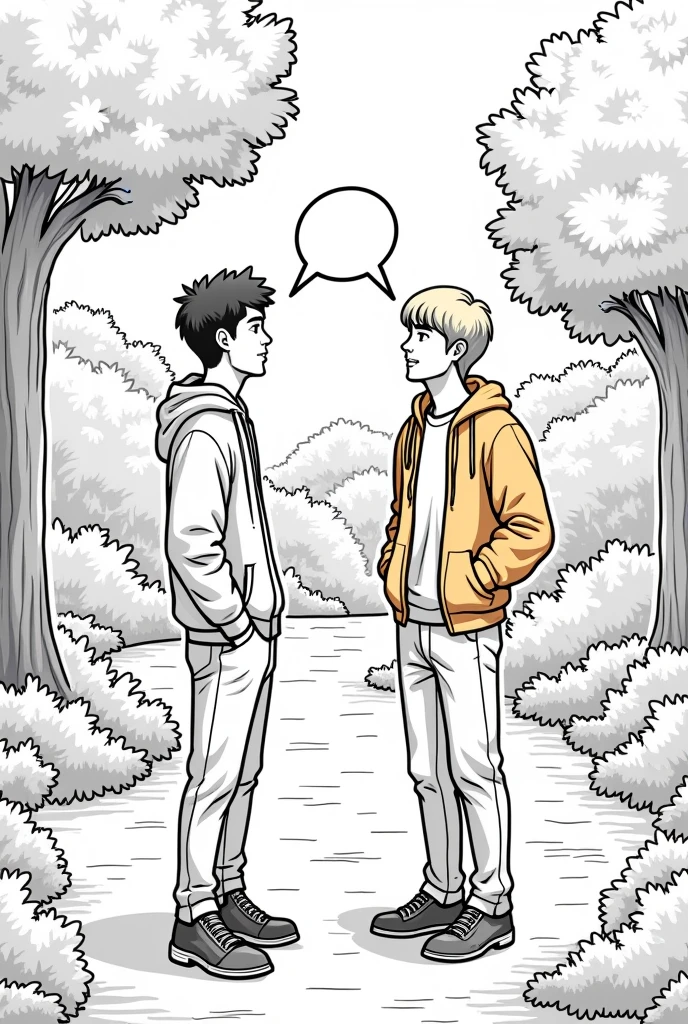 Create a coloring picture of two young men, both men, talking in a park, each character with a different speech bubble.