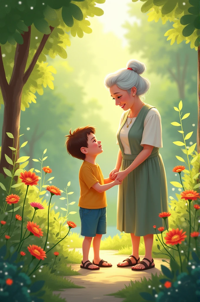 Young loving with his grandmother, together in a garden, grandmother and grandson love, 4K, illustration