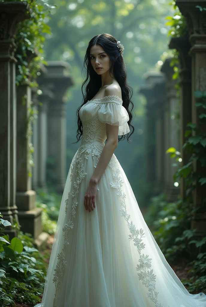 Imagine a pale-skinned, black-haired vampire in a beautifully detailed white Victorian wedding dress in a cemetery with lots of plants in great lighting.