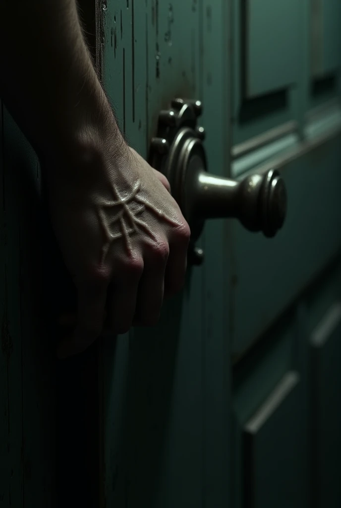 close up of a man's hand on a hallway doorknob, nightmare