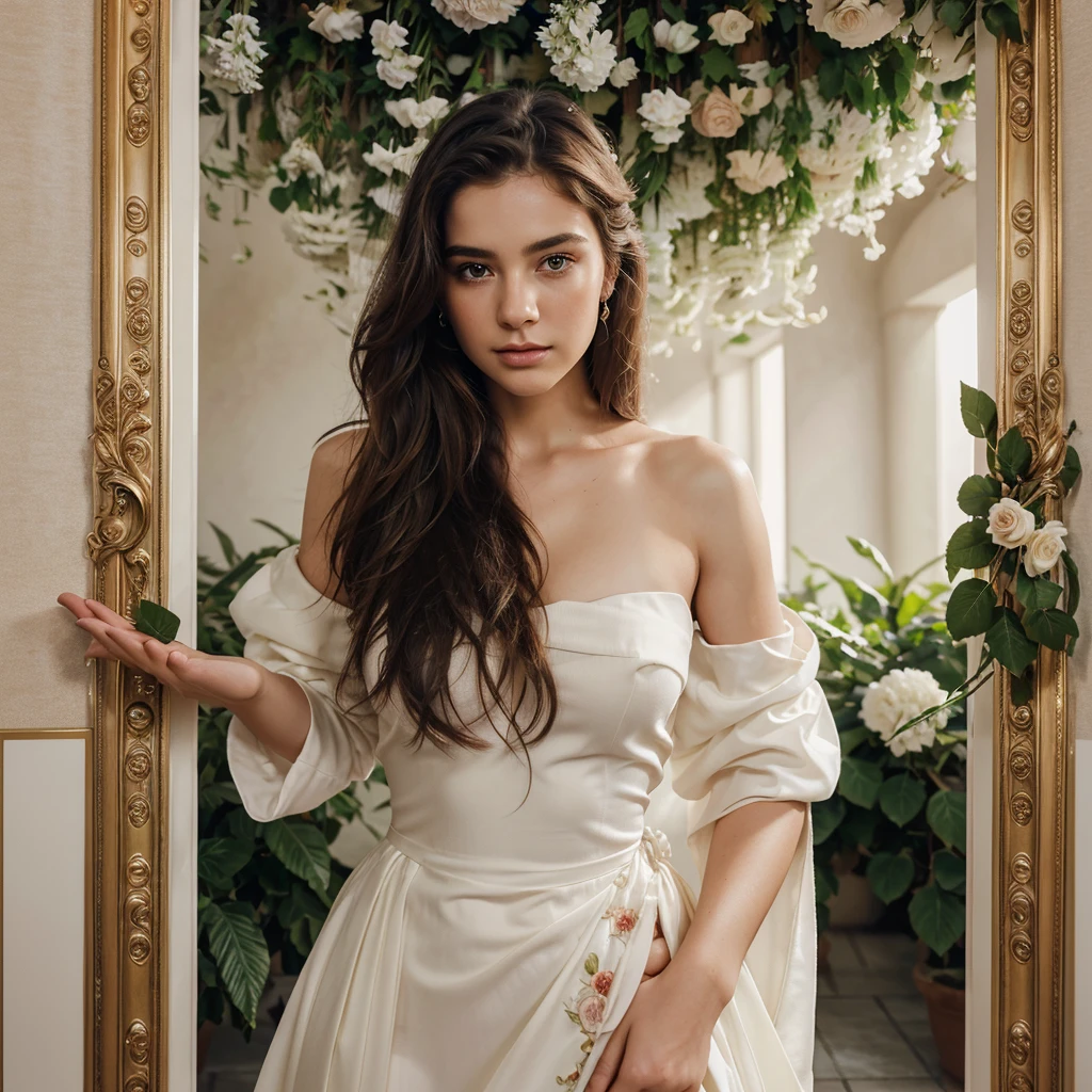 A captivating 3D rendering of a fashion portrait featuring a dashing young man with messy shoulder-length hair. He extends a graceful gesture, holding a vibrant red rose, while the portrait itself seems to come alive with an aura of enchantment. A breathtaking woman with cascading wavy hair stands captivated before the artwork, her eyes and posture conveying profound amazement and passion in love. The backdrop is a mesmerizing hanging garden of pure white, highlighting the rich colors and intricate details of the characters and flowers. This cinematic masterpiece draws viewers into its magical world, making it a perfect poster for a romantic film or fashion campaign., poster, fashion, portrait photography, cinematic, vibrant