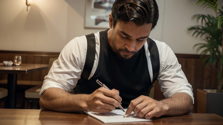 man sitting at a table placing an order through a digital menu written in portuguese at a restaurant,focus on the mobile menu, (best quality,4k,8k,highres,masterproject:1.2),ultra-detailed,(realistic,photorealistic,photo-realistic:1.37),detailed restaurant scene,man in casual outfit,detailed digital menu on mobile phone,warm lighting,elegant interior,high quality 3d rendering,photographic