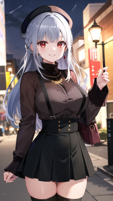 masterpiece, best quality, highres, hmhy1, hat, black thighhighs, suspender skirt, jewelry, necklace, long sleeves, large breasts, beret, turtleneck sweater, black sweater, cowboy shot, outdoors, night, smile,