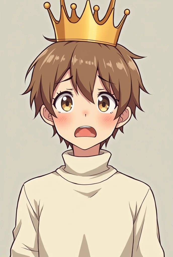 Create an anime drawing of a 21-year-old boy with short hair, light brown, with light brown eyes, wearing a light white sweater, with a crown on his head but the boy is scared