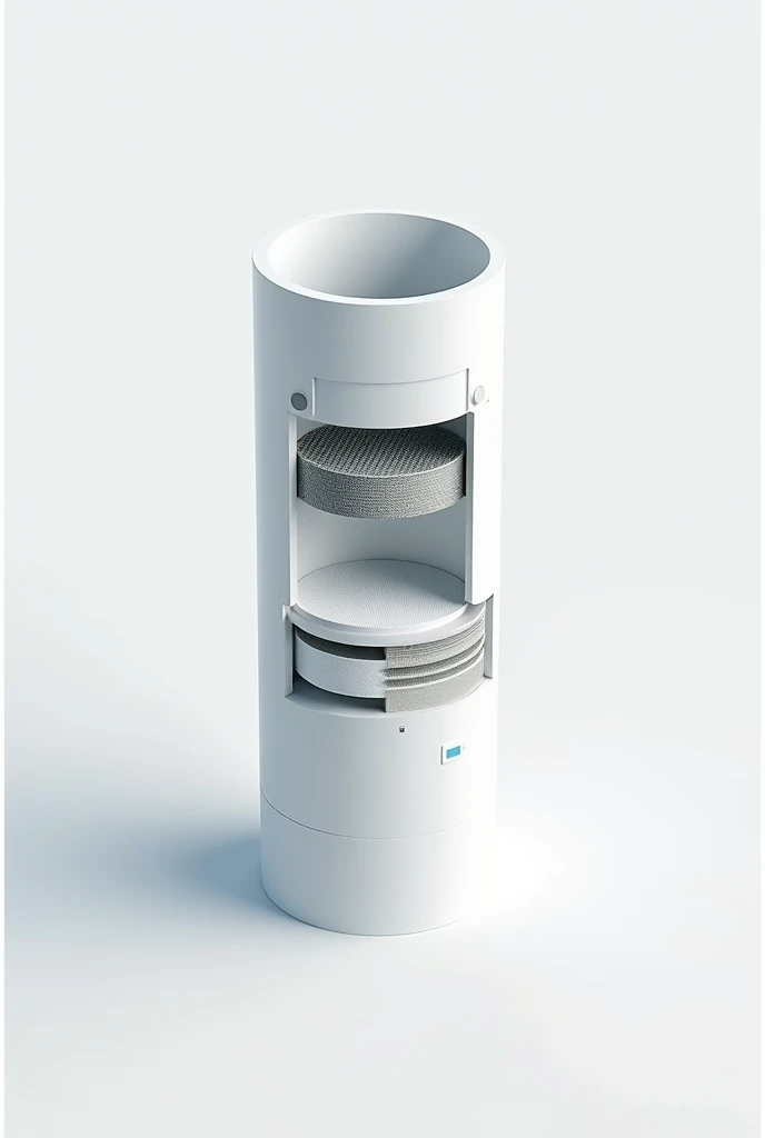 Create an image of a white PVC pipe filter showing the layers:
•